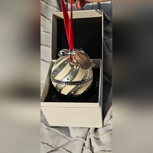Pandora Silver and Cream Striped Christmas Holiday Ornament